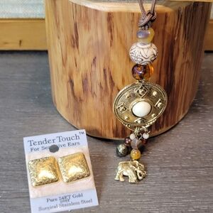 2 Piece Bohemian Costume Jewelry Lot NWT Tender Touch Earrings & Beaded Necklace